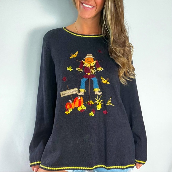🍁 Double Sides Vintage Embroidered Felt Patch Scarecrow Pumpkin Patch Sweater - Picture 2 of 7